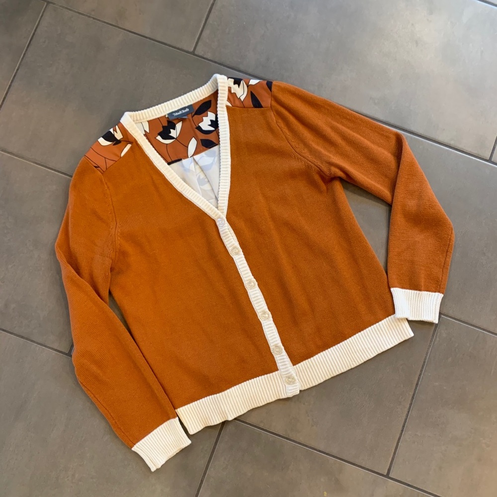 ModCloth Layer Lover Twofer Cardigan Rust Floral Mixed Media Sweater Size Large